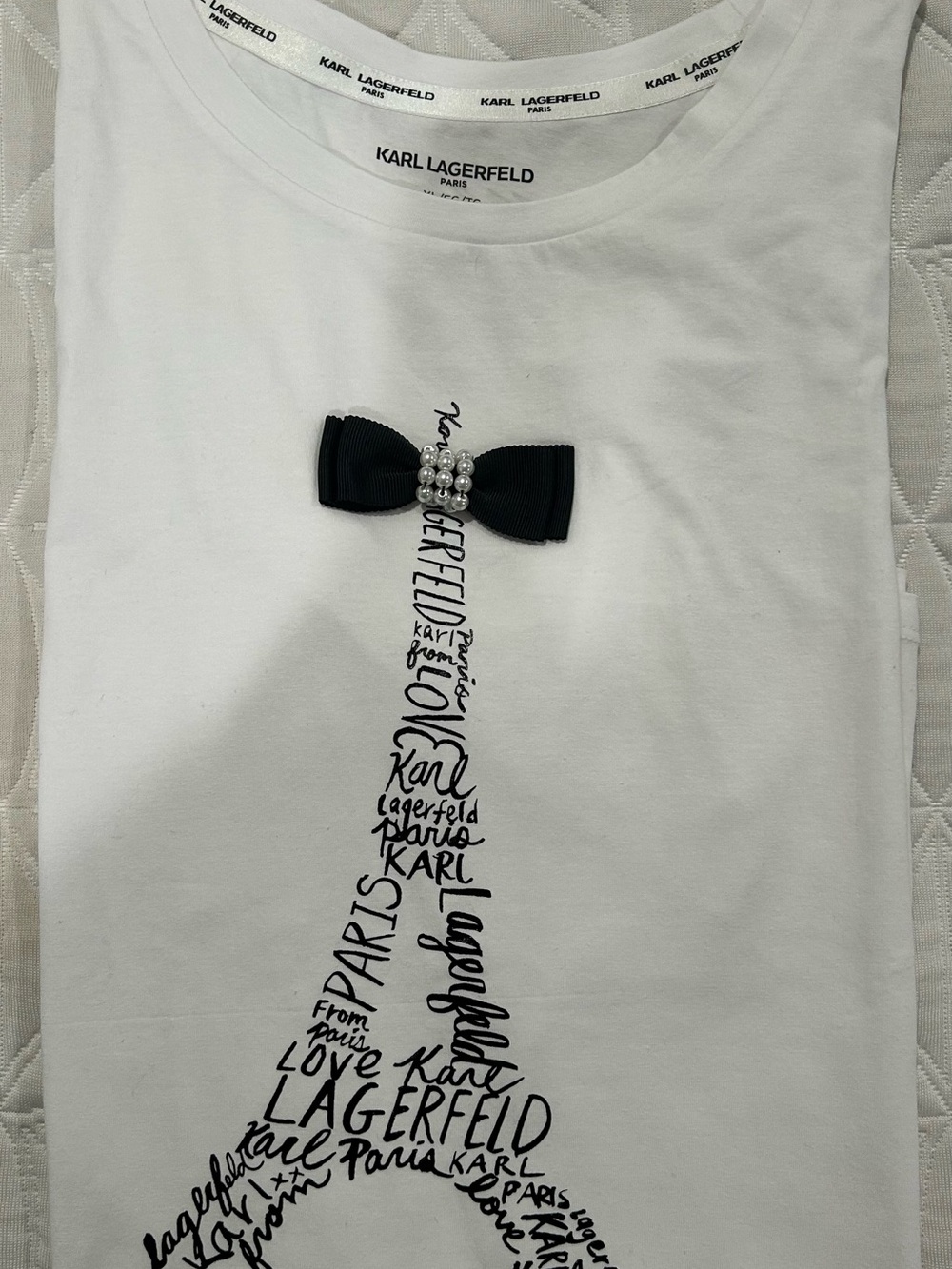 Karl Lagerfeld White Tee with Black Bow and Eiffel Tower Script